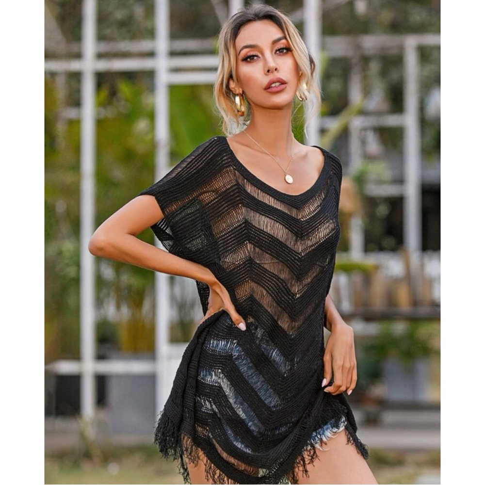 Chevron Knit Fringe Hem Sheer Cover Up